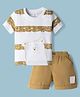 Child World Interlock Knit Half Sleeves Striped T-Shirt & Shorts Set with Bear Patch Detailing - Tan