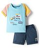 Child World Interlock Knit Half Raglan Sleeves T-Shirt & Shorts Set With Train Embroidery - Light Blue