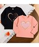 Luke and Lilly Cotton Blend Knit Pack Of 2 Full Sleeves Heart Printed Tees - Black & Coral