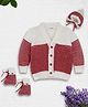 Little Angels Woollen Knit Full Sleeves Striped  Cardigan With Cap & Socks - Red