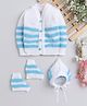 Little Angels Woollen Knit Full Sleeves Striped Cardigan With Cap & Socks - Blue