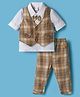WOW Clothes Cotton Woven Full Sleeves 3 Piece Party Suit With Checks & Bow - Khaki & White