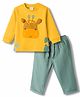 WOW Clothes Woven Full Sleeves T-Shirt & Lounge Pant Set With Giraffe Patch - Yellow & Teal