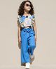 OLLINGTON ST. Rayon Half Sleeves Frill Floral Printed Top & Rayon Twill Culottes Set With Belt - Multicolor & Blue