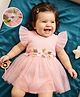 Mark & Mia Woven Half Frill Sleeves Frock Style Onesie with Floral Embroidery - Pink