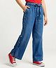 Arias Denim Woven Full Length Wide Leg Side Slit  With Buttoned Washed Jeans - Blue