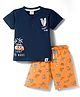 CUCUMBER Sinker Knit Half Sleeves T-Shirt & Shorts Set with Beach Theme Print - Navy Blue