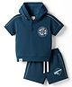 CUCUMBER Sinker Knit Half Sleeves Hooded T-Shirt & Shorts Set with Skate Print - Navy Blue