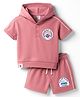 CUCUMBER Sinker Knit Half Sleeves Hooded T-Shirt & Shorts Set with Beach Theme Print - Pink