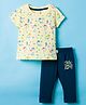 CUCUMBER Knitted Half Sleeves T-Shirt & Lounge Pant Set with Sea Life Print - Lemon