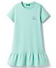 UCB Cotton Knit Half Sleeves Solid Dress With Frill Detailing & Glitter Logo - Aqua Blue