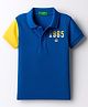 UCB Woven Half Sleeves Text Printed Polo T-Shirt With Cut & Sew Design - Blue