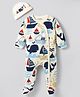 Bonfino 100% Cotton Knit Full Sleeves Footed Sleep Suit With Boat Print & Cap - White