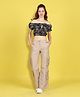 Cutiekins Woven Half Puffed  Sleeves Pineapple Printed Crop Top & Cargo Pants Set - Black & Beige
