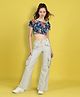 Cutiekins Woven Half Puffed Sleeves Floral Printed Crop Top & Cargo Pants Set - Navy Blue & Off White