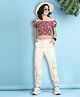 Cutiekins Woven Half Puffed Sleeves Floral Printed Crop Top & Cargo Pants Set - Maroon & White