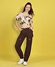 Cutiekins Woven Half Puffed Sleeves Floral Printed Crop Top & Cargo Pants Set - Peach & Brown