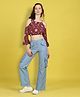 Cutiekins Woven Three Fourth Bell Sleeves Floral Printed Crop Top & Cargo Pants Set - Maroon & Sky Blue
