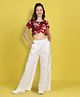 Cutiekins Woven Half Puffed Sleeves Floral Printed Crop Top & Cargo Pants Set - Red & Off White