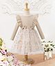 tior Mesh Knit Full Sleeves Floral Embroidered Frill Detailed Dress - Beige