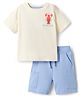 Bonfino 100% Cotton Knit Half Sleeves Drop Shoulder Oversized T-Shirt & Cargo Shorts Set with Front & Back Lobster Print - Offwhite & Light Blue