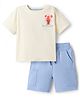 Bonfino 100% Cotton Knit Half Sleeves Drop Shoulder Oversized T-Shirt & Cargo Shorts Set with Front & Back Lobster Print - Offwhite & Light Blue