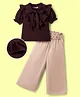 OLLINGTON ST. Half Sleeves Frill Top & Rayon Twill Culottes Set With Belt - Maroon & Khaki