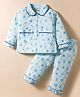 Dew Drops Poplin Woven Full Sleeves Co-ord Night Suit With Floral Print - Aqua