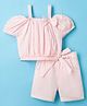 Dew Drops Poplin Woven Half Puffed Sleeves Polka Dot Printed Top & Shorts Set Belt Bow Applique - Pink