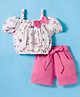 Dew Drops Poplin Woven Half Puffed Sleeves Floral Printed Top & Shorts Set with Belt & Bow Applique - Pink