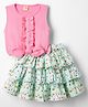 Dew Drops Interlock Knit Sleeveless Top & Frilled Skirt With Unicorn Theme Print - Sea Green & Pink