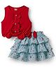 Dew Drops Interlock Knit Sleeveless Top & Skirt Set with Floral Print & Bow Applique - Red & Aqua Blue