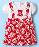 Dew Drops Poplin Knit Half Puffed Sleeves Frock Floral Print & Bow Applique - Red