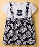 Dew Drops Poplin Knit Half Puffed Sleeves Frock Floral Print & Bow Applique - Navy Blue