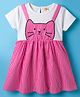 Dew Drops Poplin Knit Half Sleeves Striped Frock with Kitty Patch Detailing - Pink