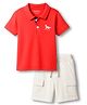 Bonfino 100% Cotton Knit Half Sleeves Polo T-Shirt & Cargo Shorts Set with Unicorn Embroidery - Red