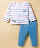 ToffyHouse Knitted Full Sleeves Front Open Striped T-Shirt & Joggers Set with Car & Star Embroidery - White & Navy Blue