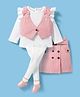 ToffyHouse 100% Cotton Woven Full Sleeves Solid Top with Frill Detailing Striped Waist Coat Stocking & Skirt - Pink & White