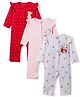 Babyhug Disney Interlock Knit Full Sleeves Front Open Rompers with Frills Detailing & Disney Characters Graphics Pack of 3 - Red White & Pink
