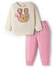 Babyhug Interlock Knit Full Sleeves Top & Lounge Pant Set with Bunny Print & Applique - Pink & Off White