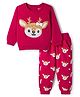 Babyhug Interlock Knit Full Sleeves Top & Lounge Pant Set with Deer Print & Bow Applique - Maroon