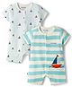 Bonfino 100% Cotton Knit Half Sleeves Boat Printed & Striped Front Open Rompers Pack Of 2 - Multicolor