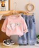 POP STREET KIDS Cotton Knit Full Sleeves Sweet Text & Bow Applique Detailed Sweatshirt & Jeans Set - Pink