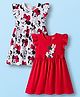 Babyhug Disney Single Jersey Knit Frill Sleeves Frocks with Minnie Mouse Graphic & Bow Applique Pack of 2 - White & Red