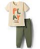 Doodle Poodle 100% Cotton Knit Half Sleeves Text Printed T-Shirt & Trouser Set - Peach & Olive Green