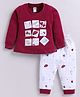 Nottie Planet Cotton Knit Full Sleeves Animals & Hearts  Printed Top & Pant Set - Maroon