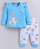 Nottie Planet Cotton Knit Full Sleeves Cat Patch & Frill Detailed Top & Pant Set - Blue