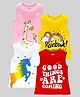 KUCHIPOO Cotton Knit Pack Of 4 Sleeveless Stars Animals Unicorn & Floral Printed Tees - Multi Colour