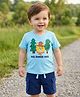 Babyoye 100% Cotton Knit Half Sleeves T-Shirt & Shorts Set With Animal Print - Light & Navy Blue