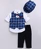 LITTLE COLLARS Cotton Woven Full Sleeves Checked 3 Piece Party Suit Set With Bow & Cap - Blue